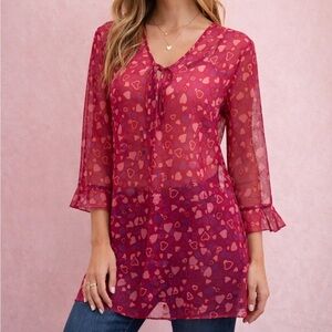 Inner Most Pink Heart Print Sheer Tunic Blouse S Romantic Y2K Valentine Retro